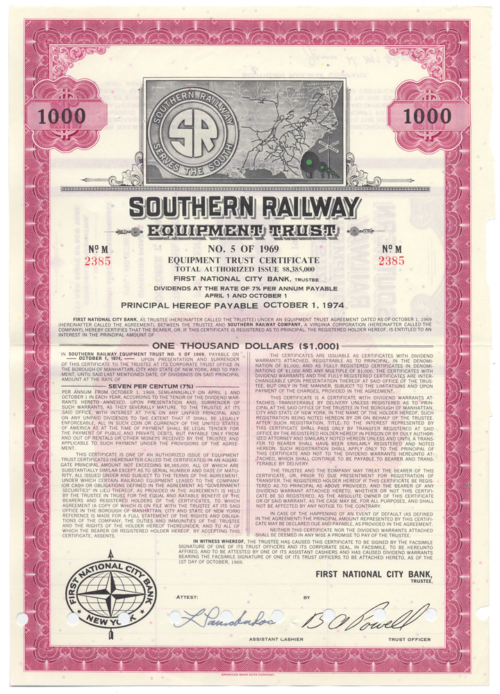 Southern Railway Company Equipment Trust Certificate