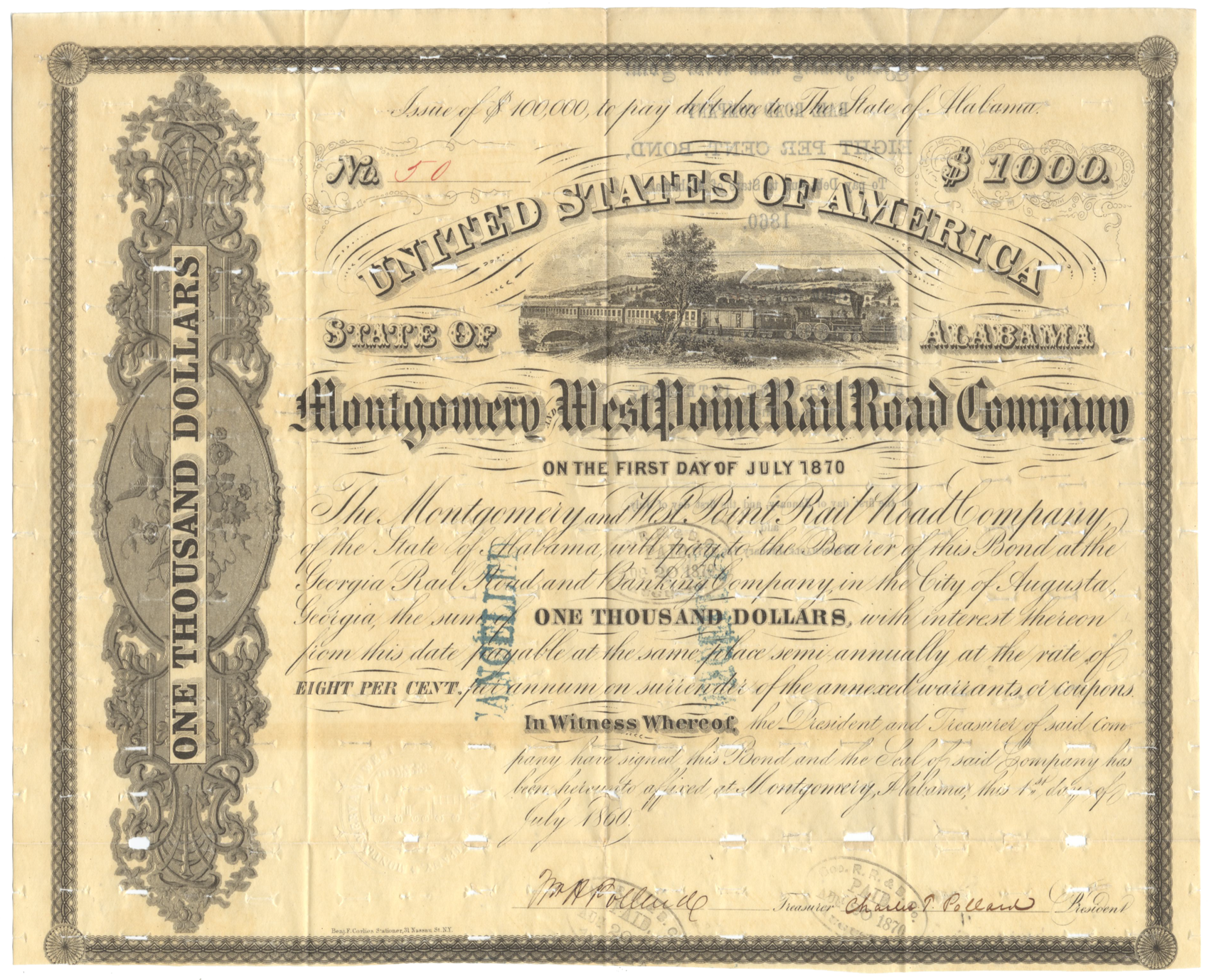 Montgomery and West Point Rail Road Company Bond Certificate