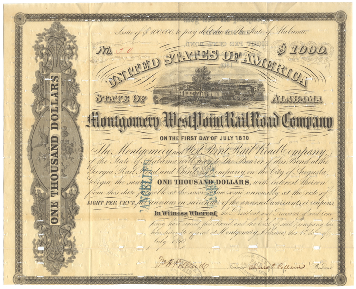 Montgomery and West Point Rail Road Company Bond Certificate