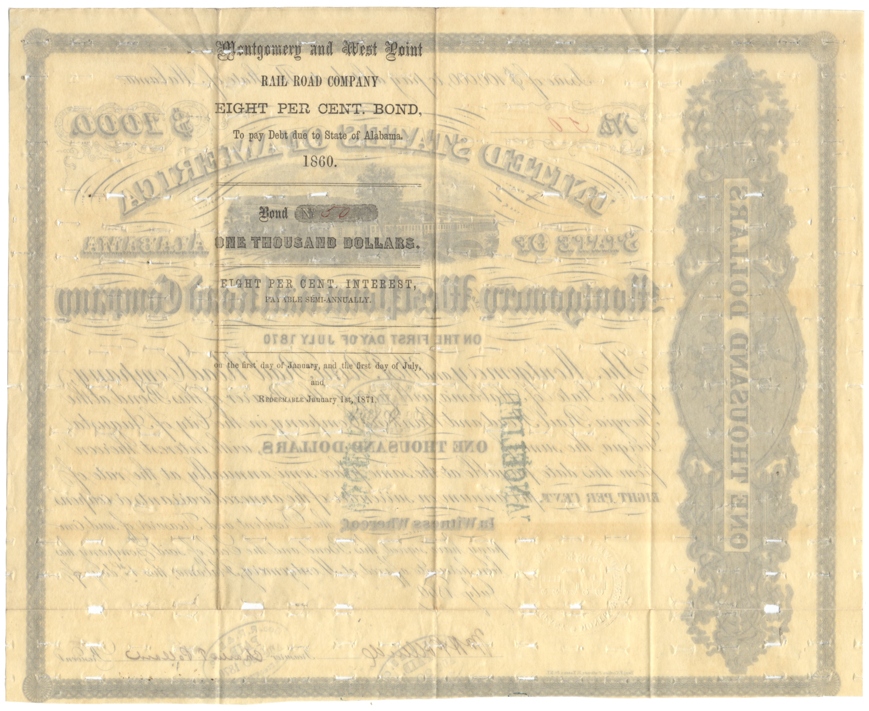 Montgomery and West Point Rail Road Company Bond Certificate