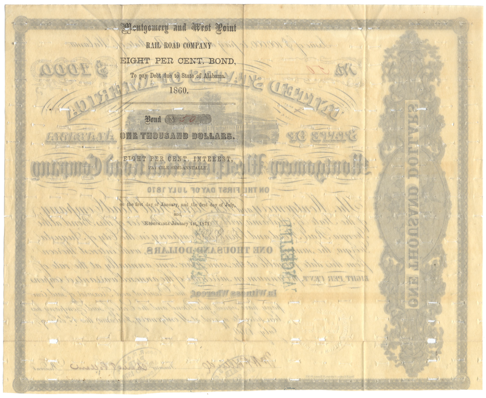 Montgomery and West Point Rail Road Company Bond Certificate