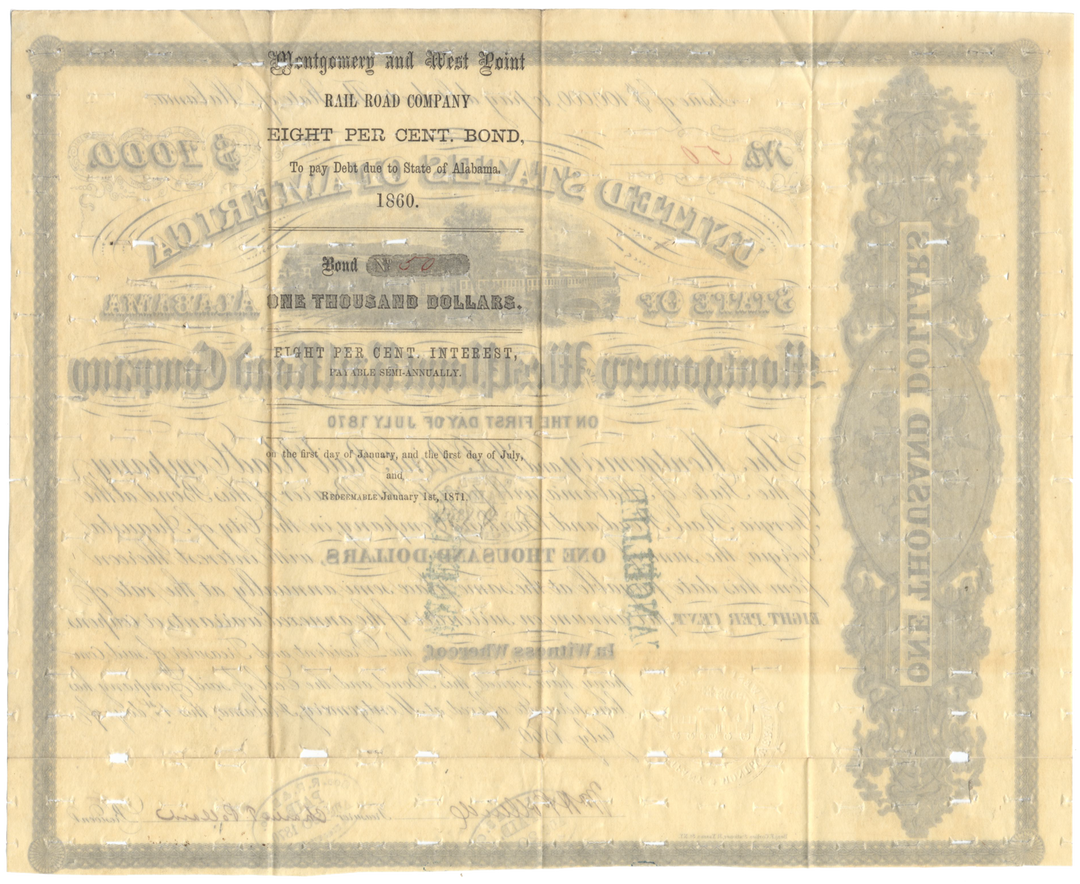 Montgomery and West Point Rail Road Company Bond Certificate