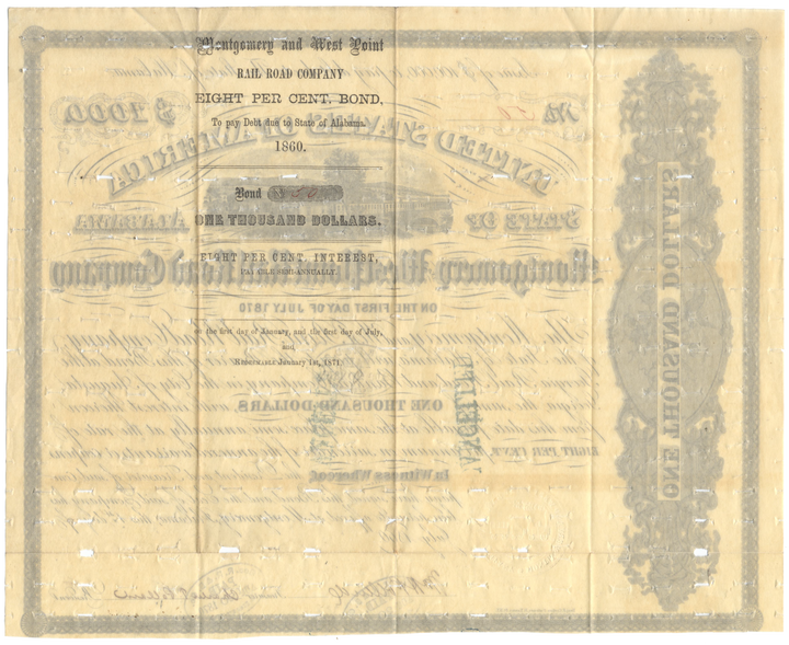 Montgomery and West Point Rail Road Company Bond Certificate