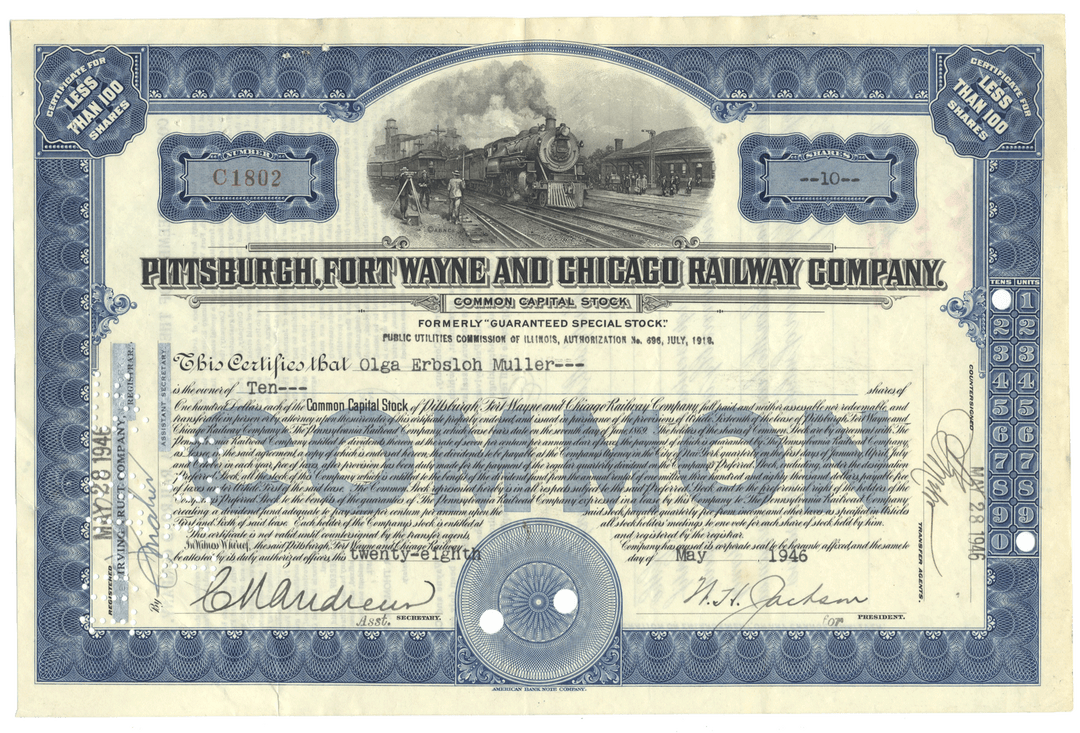 Vintage stock certificate of the Pittsburgh, Fort Wayne and Chicago Railway Company with a steam locomotive illustration.
