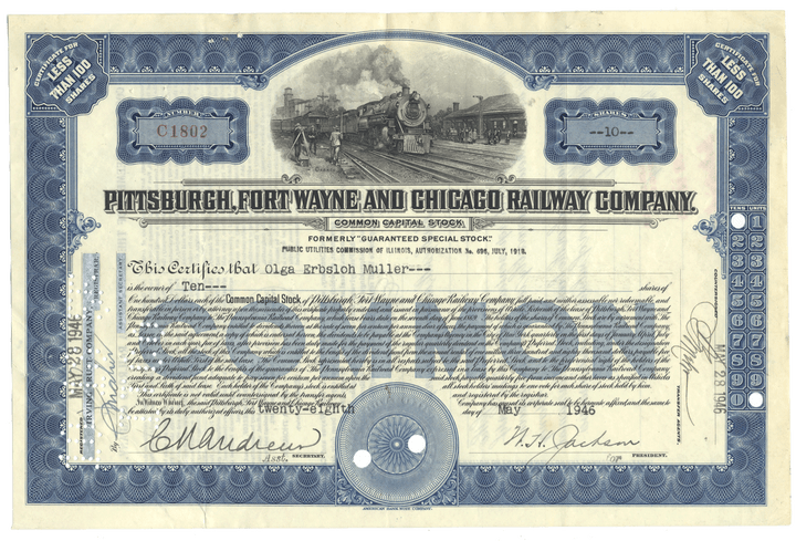 Vintage stock certificate of the Pittsburgh, Fort Wayne and Chicago Railway Company with a steam locomotive illustration.