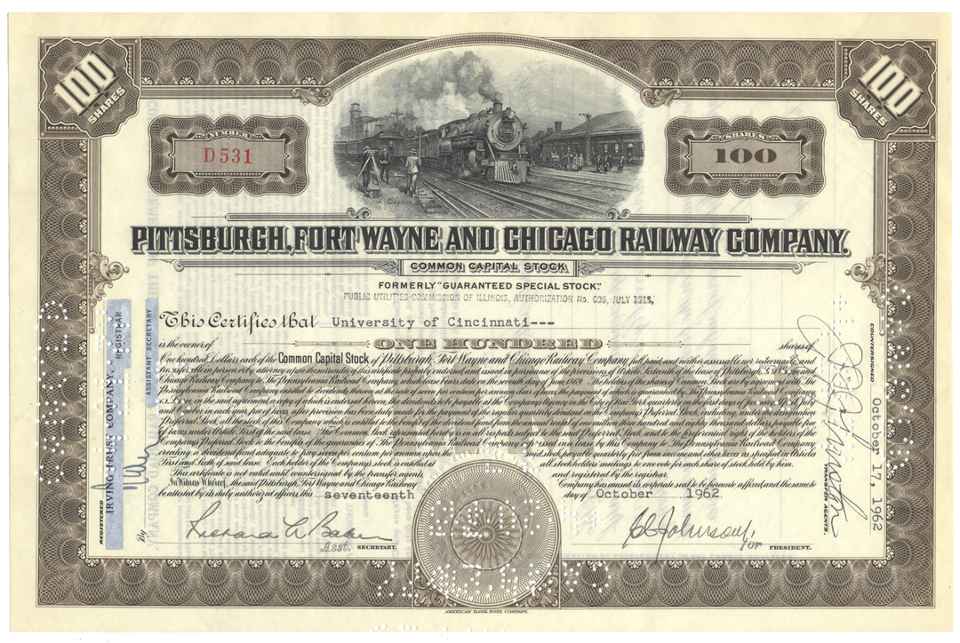 Pittsburgh, Fort Wayne and Chicago Railway Company Stock CertificatePittsburgh, Fort Wayne and Chicago Railway Company Stock Certificate