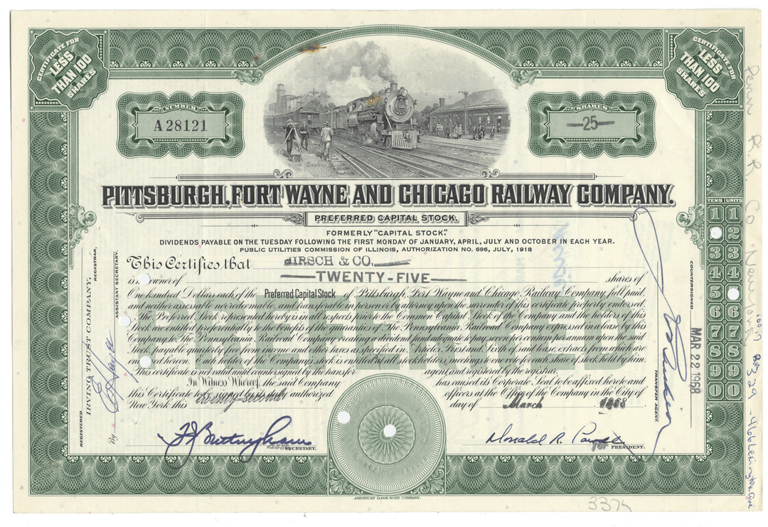 Pittsburgh, Fort Wayne and Chicago Railway Company stock certificate with train illustration