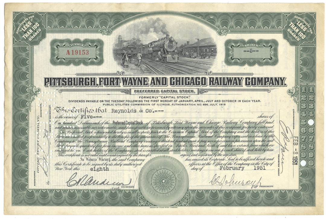 Pittsburgh, Fort Wayne and Chicago Railway Company Stock CertificatePittsburgh, Fort Wayne and Chicago Railway Company Stock 