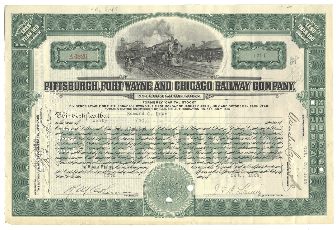 Pittsburgh, Fort Wayne and Chicago Railway Company stock certificate with train illustration