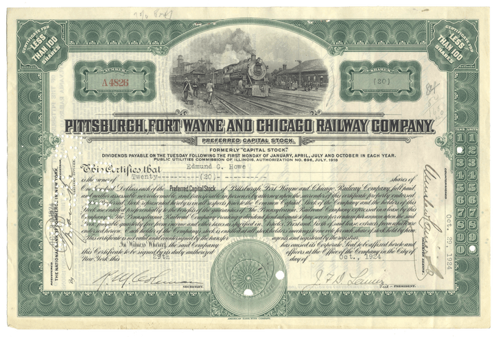 Pittsburgh, Fort Wayne and Chicago Railway Company stock certificate with train illustration