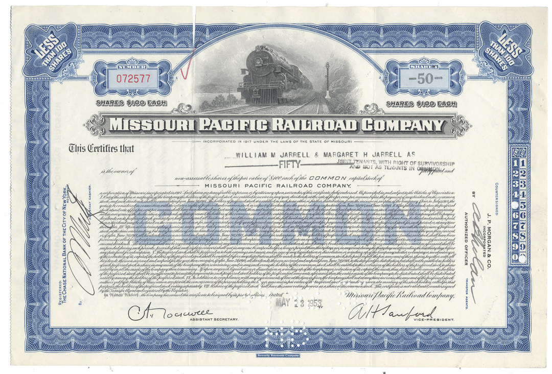 An antique Missouri Pacific Railroad Company stock certificate from 1953