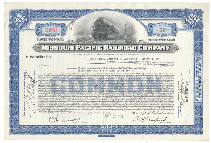 An antique Missouri Pacific Railroad Company stock certificate from 1953