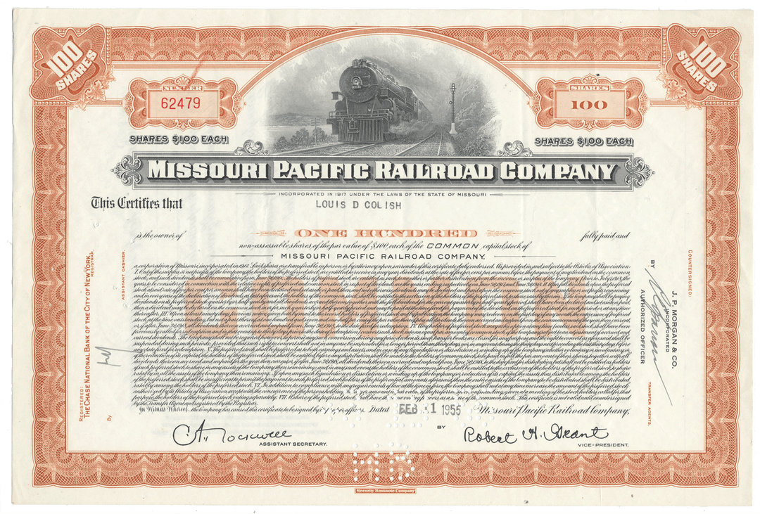 Vintage Missouri Pacific Railroad Company stock certificate from 1955