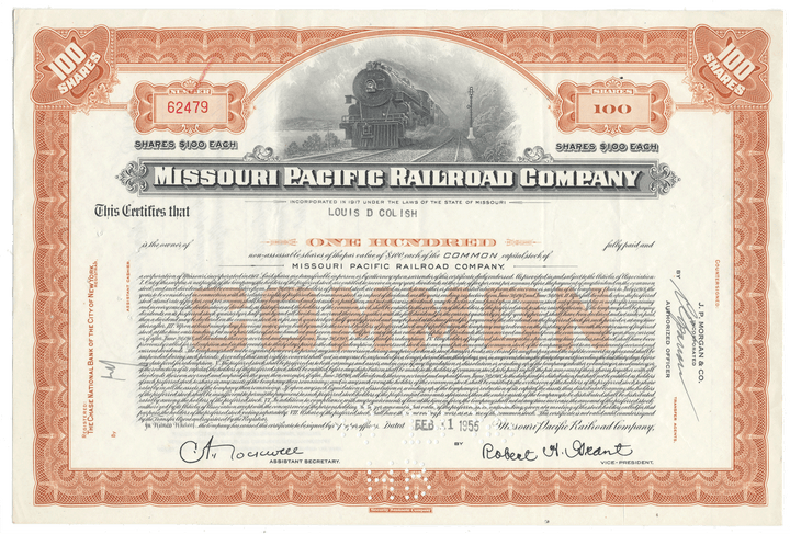 Vintage Missouri Pacific Railroad Company stock certificate from 1955