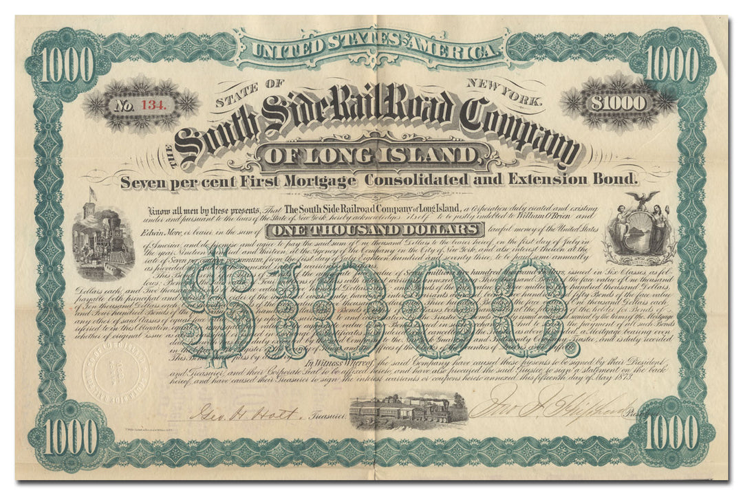 A vintage South Side Railroad Company of Long Island $1000 bond certificate from 1873,  with ornate decorative borders and illustrations.