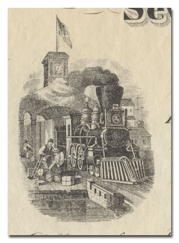 A vintage South Side Railroad Company of Long Island $1000 bond certificate from 1873,  with ornate decorative borders and illustrations.