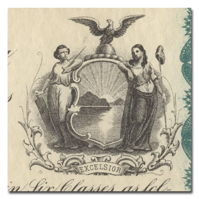 A vintage South Side Railroad Company of Long Island $1000 bond certificate from 1873,  with ornate decorative borders and illustrations.