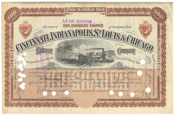 Cincinnati, Indianapolis, St. Louis & Chicago Railway Company Stock Certificate