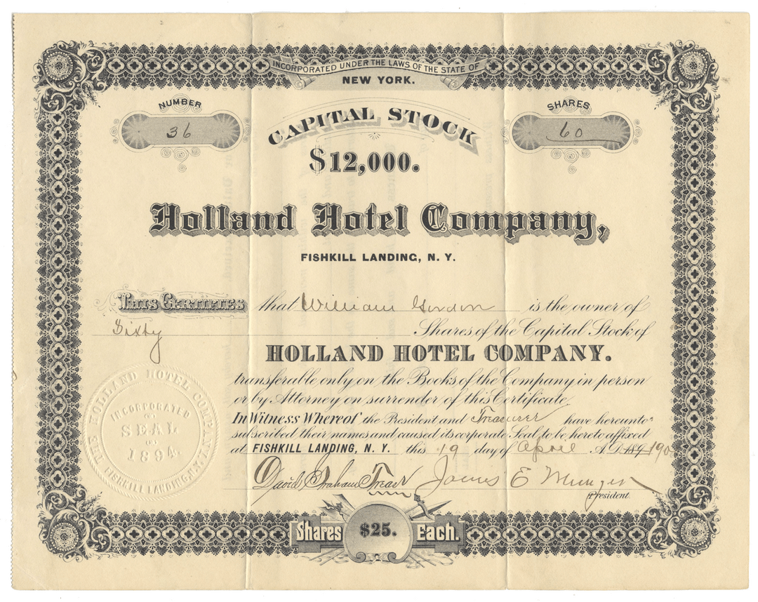 Holland Hotel Company Stock Certificate