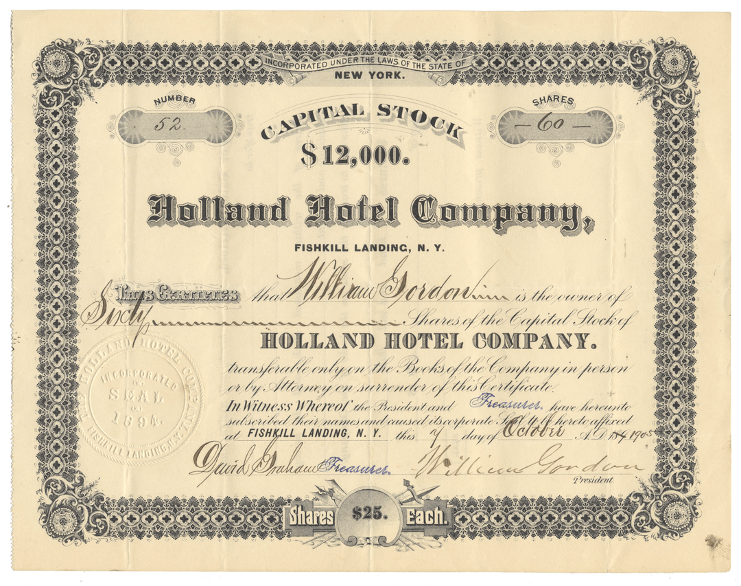Holland Hotel Company (Fishkill Landing, Beacon, New York) Stock Certificate from 1905