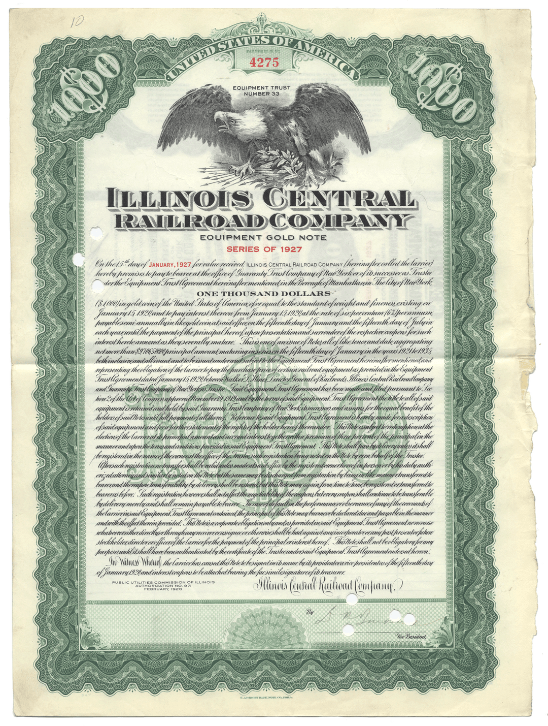Illinois Central Railroad Company Bond Certificate from 1920
