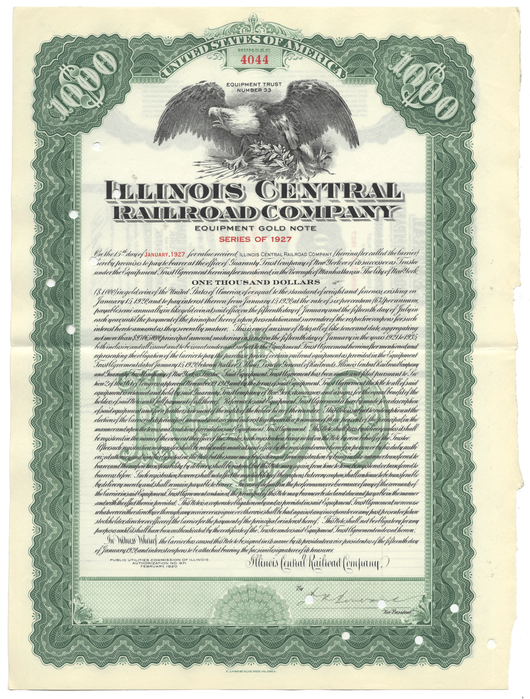 Illinois Central Railroad Company gold note from 1920
