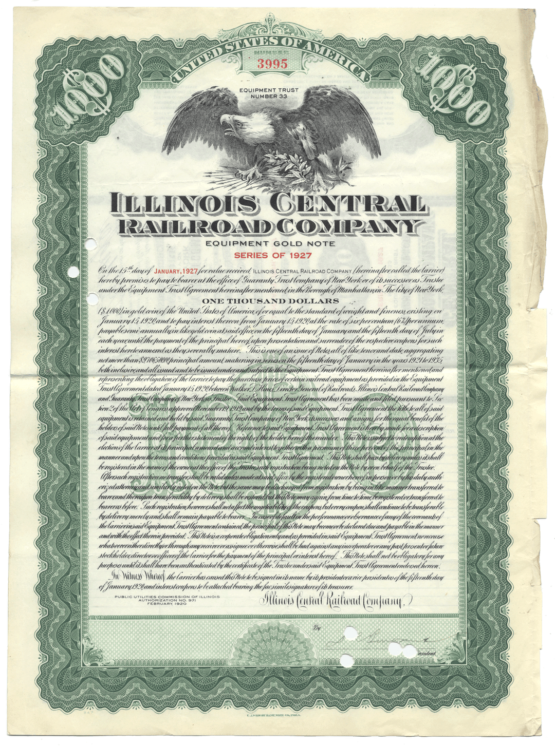 Illinois Central Railroad Company Bond Certificate from 1920