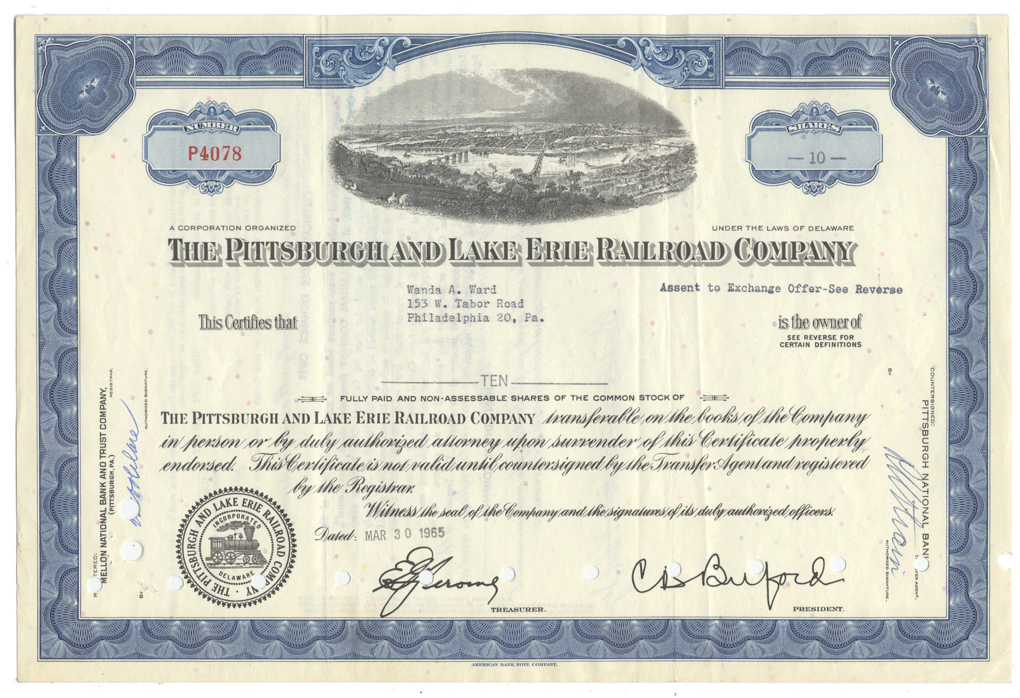 Stock certificate of the Pittsburgh and Lake Erie Railroad Company with blue border and black text.