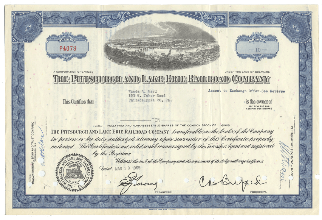 Stock certificate of the Pittsburgh and Lake Erie Railroad Company with blue border and black text.