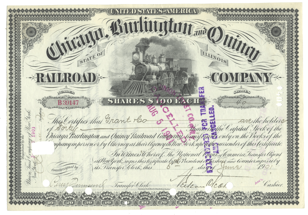 Historical stock certificate of the Chicago, Burlington and Quincy Railroad Company with a steam locomotive illustration.