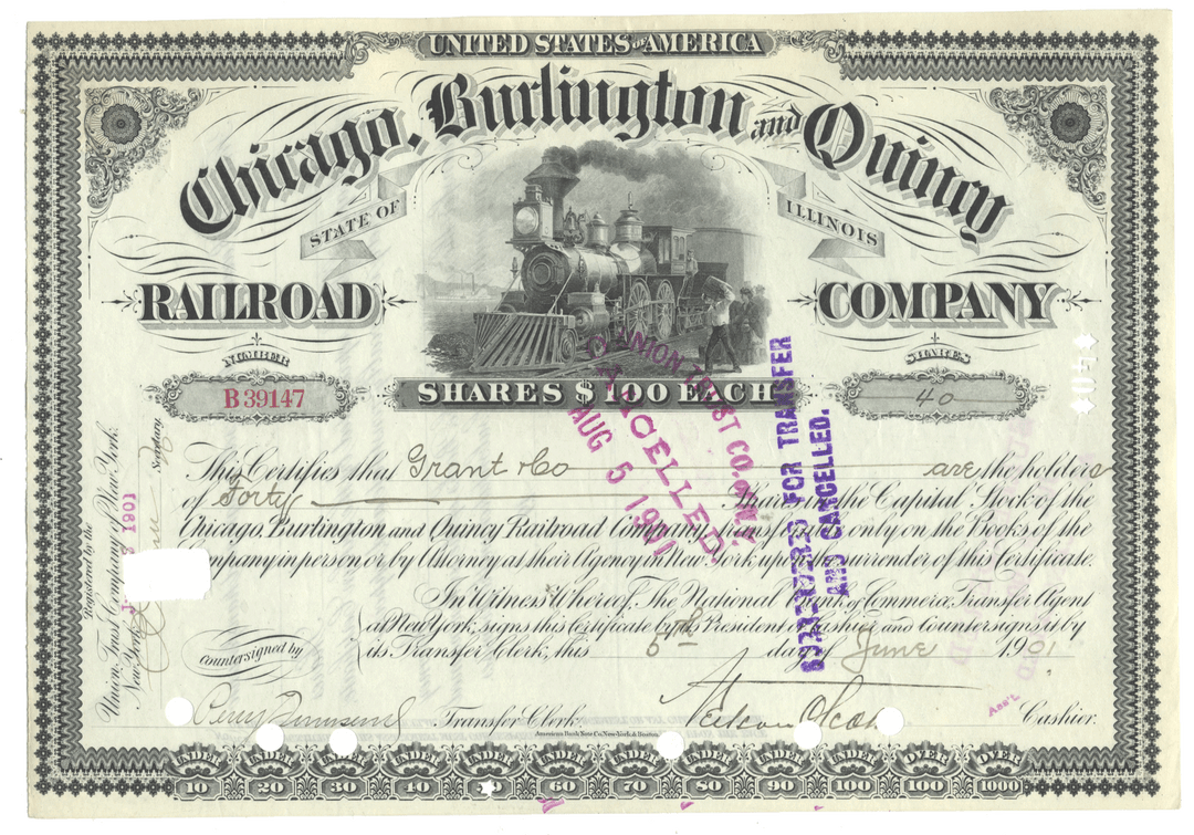 Historical stock certificate of the Chicago, Burlington and Quincy Railroad Company with a steam locomotive illustration.