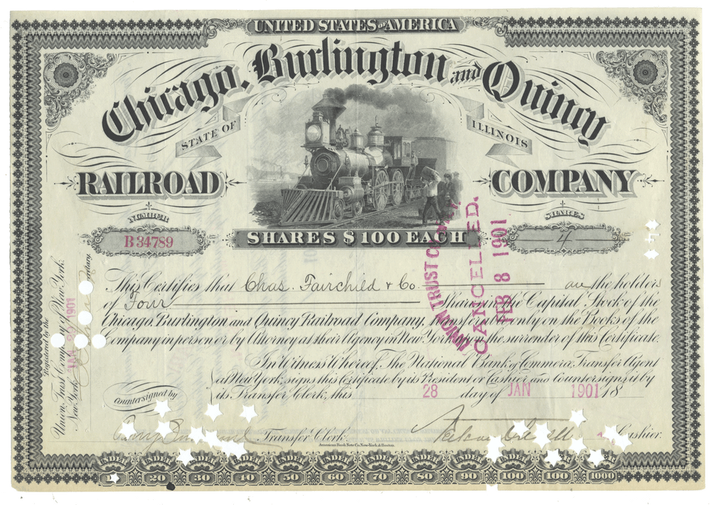 Historical stock certificate of the Chicago, Burlington and Quincy Railroad Company with a steam locomotive illustration from 1901