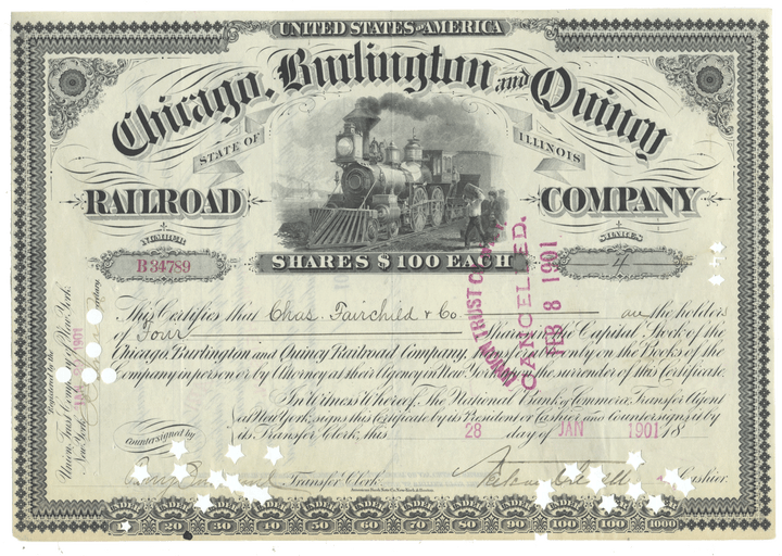 Historical stock certificate of the Chicago, Burlington and Quincy Railroad Company with a steam locomotive illustration from 1901