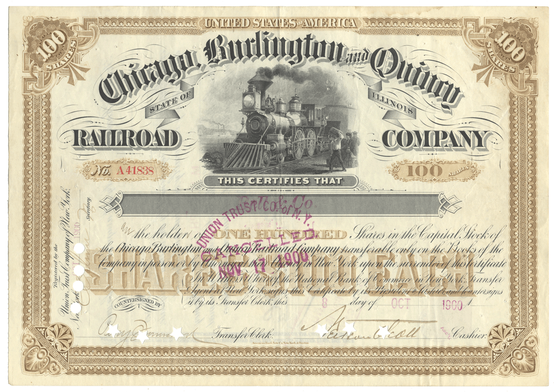 Historical stock certificate of the Chicago, Burlington and Quincy Railroad Company  from 1900