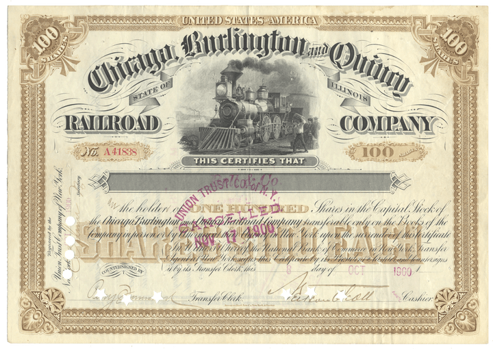 Historical stock certificate of the Chicago, Burlington and Quincy Railroad Company  from 1900