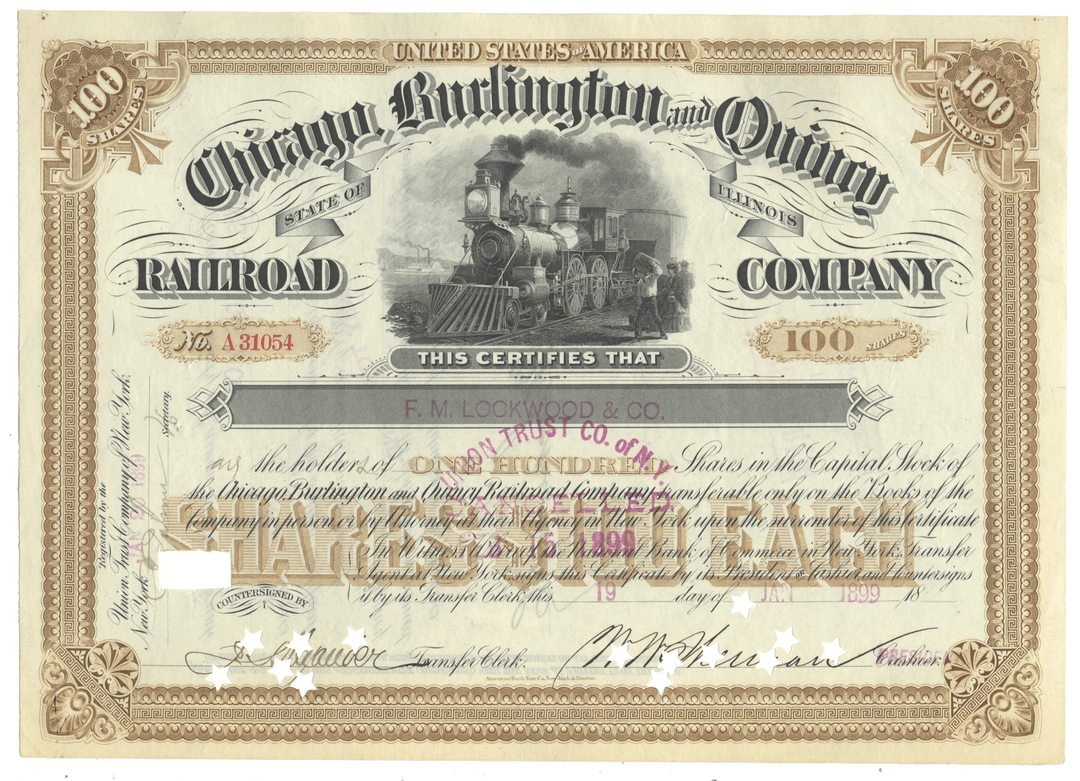 An antique Chicago, Burlington and Quincy Railroad stock certificate dated 1899