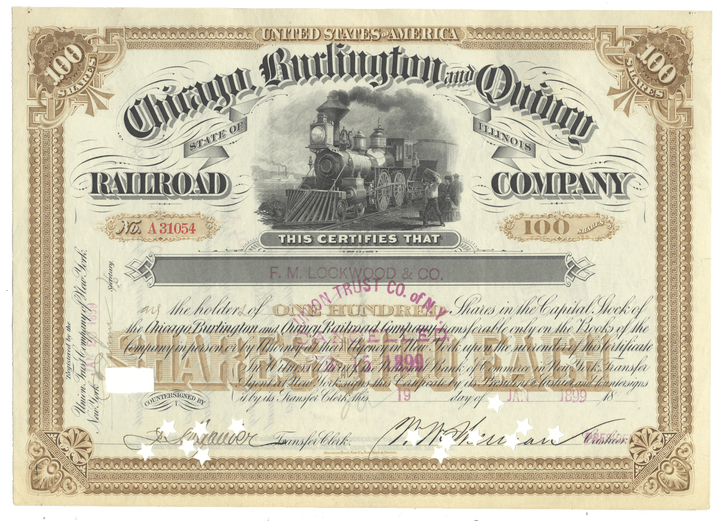 An antique Chicago, Burlington and Quincy Railroad stock certificate dated 1899
