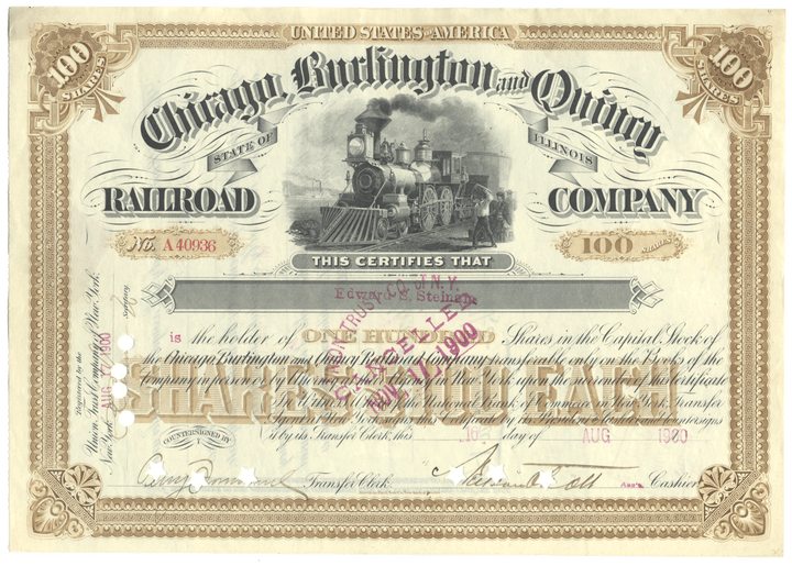 Chicago, Burlington and Quincy Railroad Company Stock Certificate