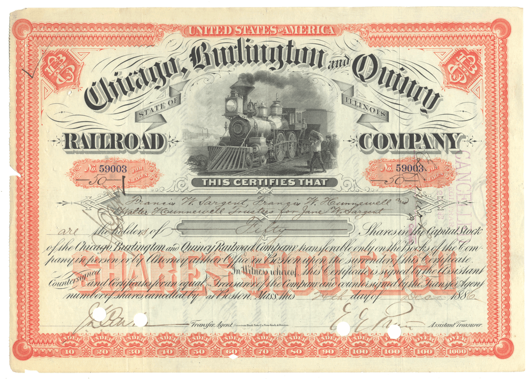 Historical stock certificate of the Chicago, Burlington and Quincy Railroad Company with a steam locomotive illustration.