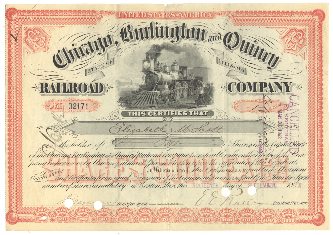 Historical stock certificate of the Chicago, Burlington and Quincy Railroad Company with a steam locomotive illustration.