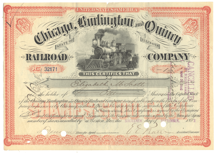 Historical stock certificate of the Chicago, Burlington and Quincy Railroad Company with a steam locomotive illustration.