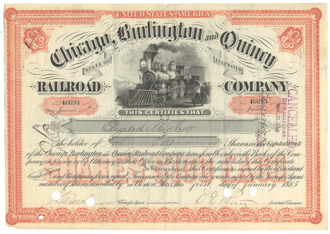 Historical stock certificate of the Chicago, Burlington, and Quincy Railroad Company from 1885