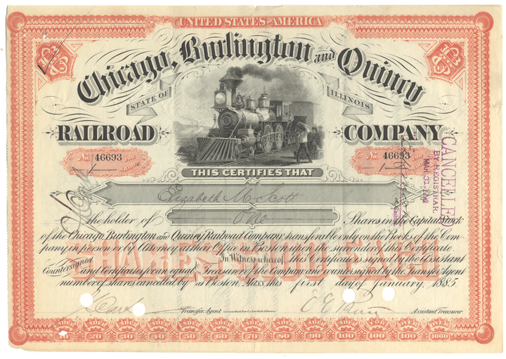 Historical stock certificate of the Chicago, Burlington, and Quincy Railroad Company from 1885