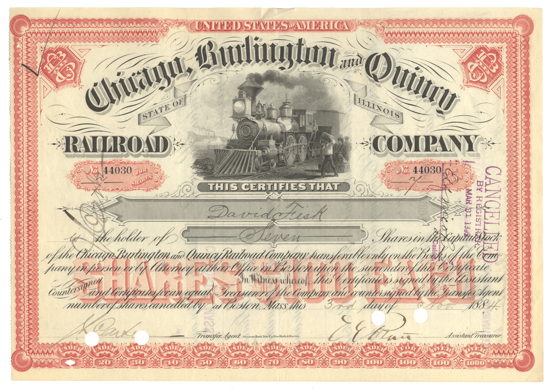 Historical stock certificate of the Chicago, Burlington and Quincy Railroad Company with a steam locomotive illustration.