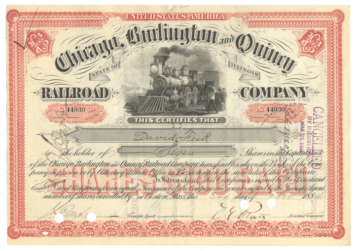 Historical stock certificate of the Chicago, Burlington and Quincy Railroad Company with a steam locomotive illustration.