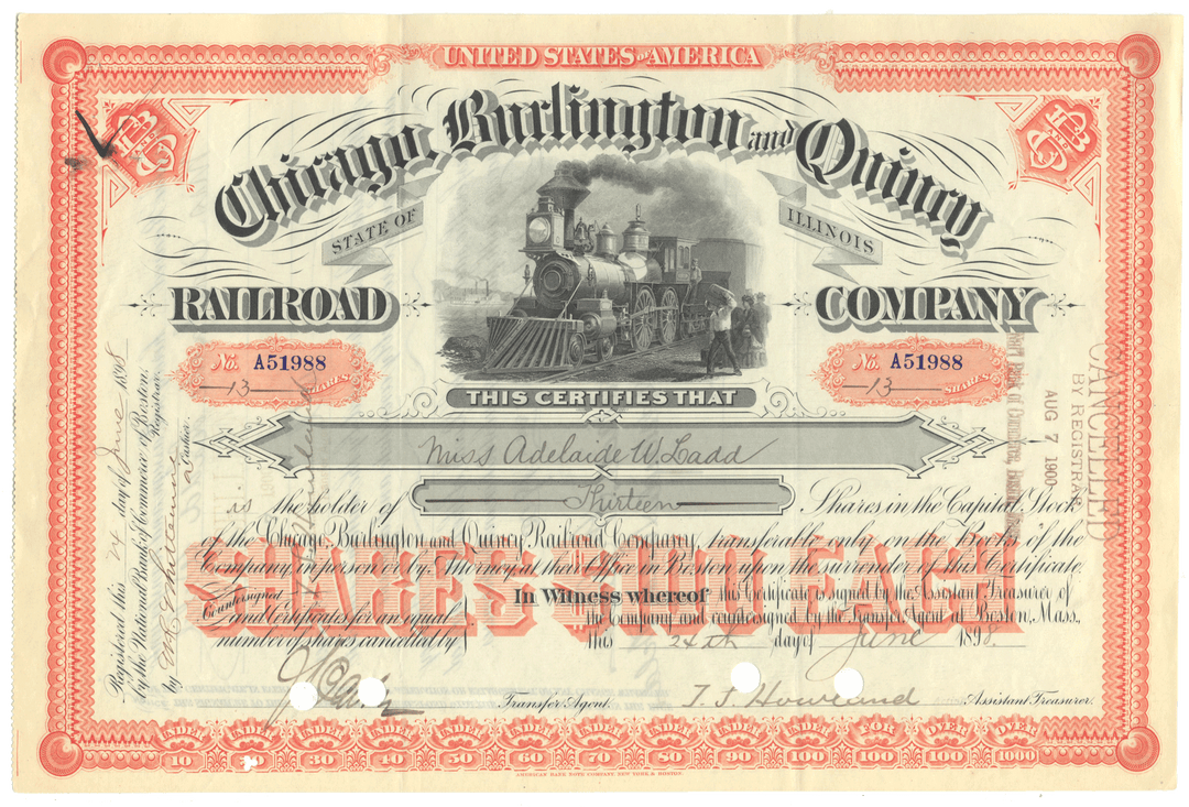 Historical stock certificate of the Chicago, Burlington and Quincy Railroad Company