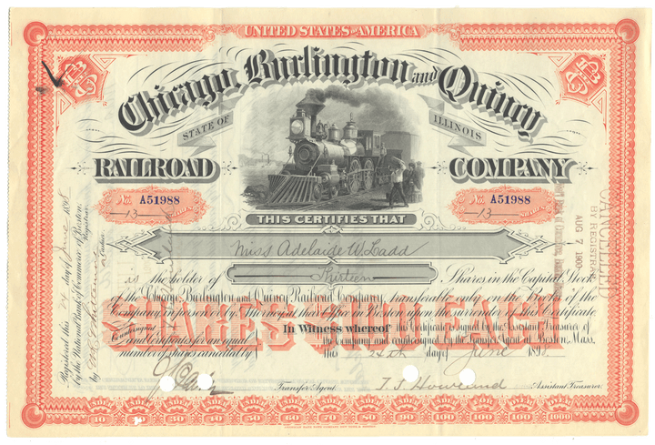 Historical stock certificate of the Chicago, Burlington and Quincy Railroad Company