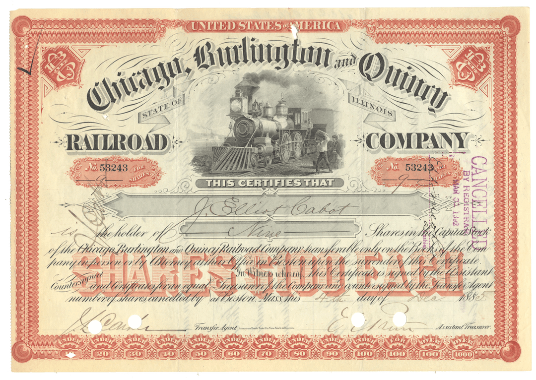 Historical stock certificate of the Chicago, Burlington and Quincy Railroad Company with a red border and steam locomotive illustration from 1885