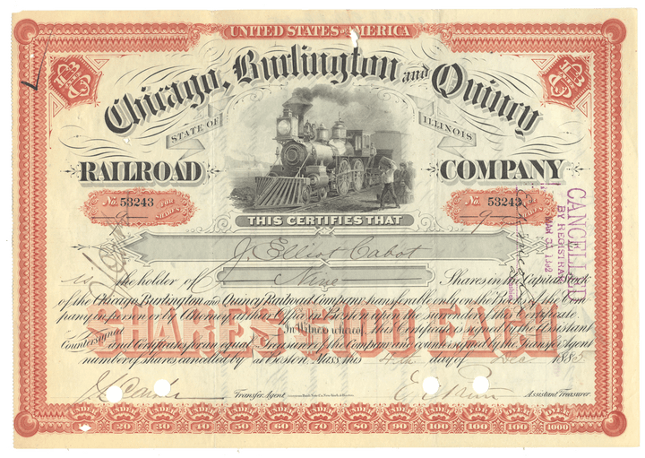 Historical stock certificate of the Chicago, Burlington and Quincy Railroad Company with a red border and steam locomotive illustration from 1885