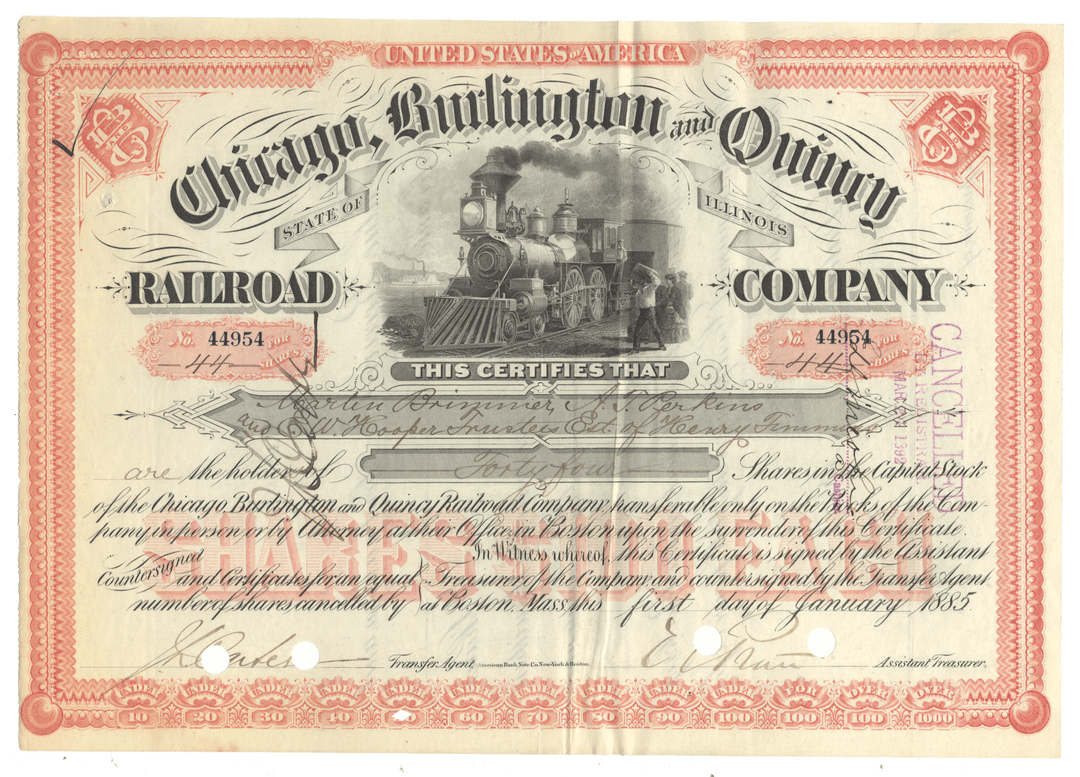 Historical stock certificate for Chicago, Burlington and Quincy Railroad Company from 1885
